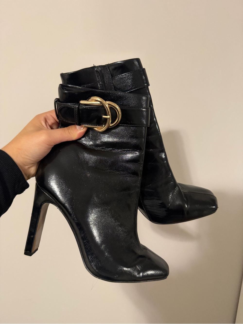 ASOS Black Patent Leather Stiletto Ankle Boots with Gold Buckle